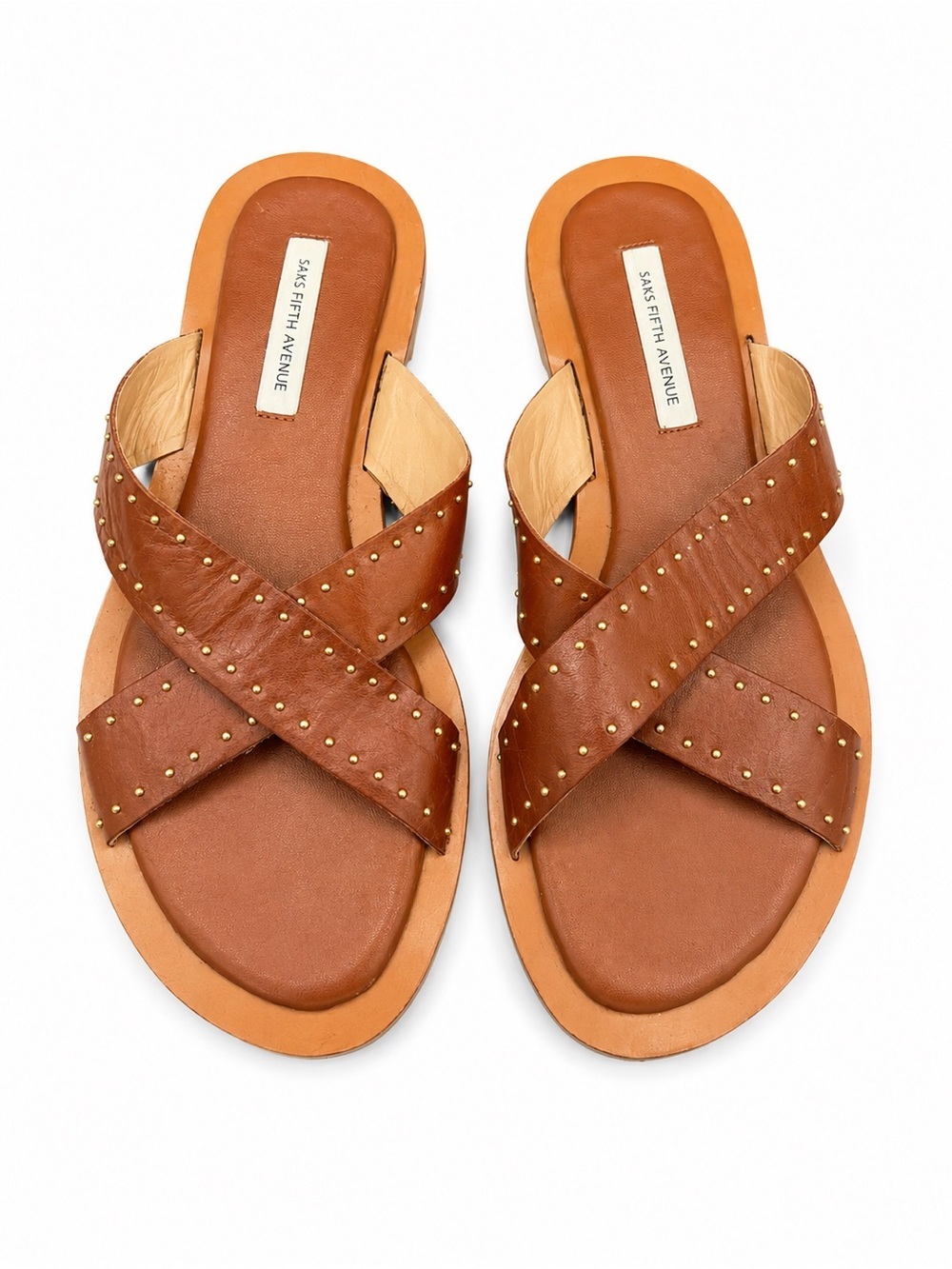 Saks Fifth Avenue Studded Leather Slide Sandals Cognac Boho Luxe 8.5